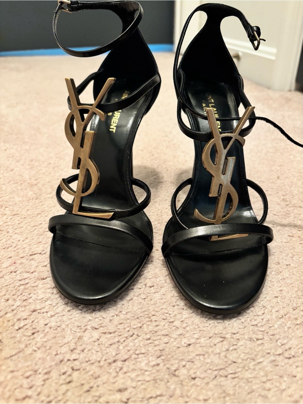 Saint Laurent Cassandra Leather Heeled Sandals with Gold YSL Monogram